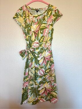 Talbots 100% Cotton L Floral Tie-Waist Short Sleeve Summer Dress Pastel Tropical
